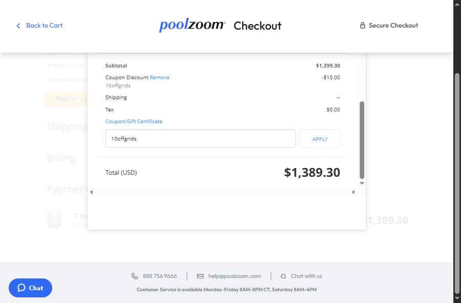 PoolZoom.com checkout page showing PoolZoom.com promo code box | Screenshot taken by SimplyCodes community member on Jul 22, 2025