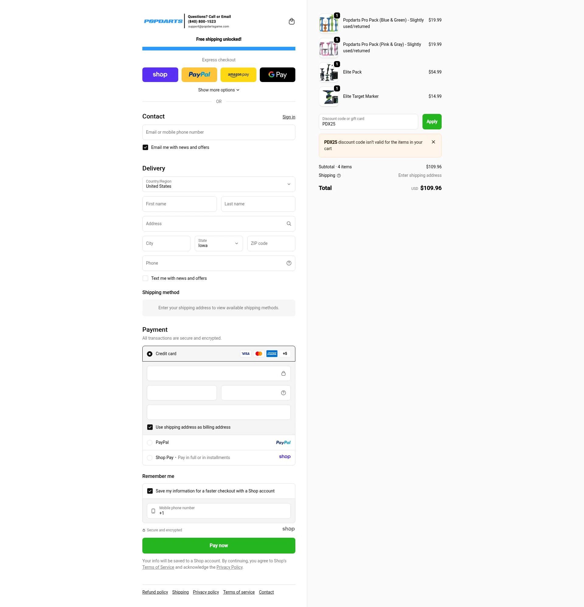 Popdarts checkout page showing Popdarts discount code box | Screenshot taken by SimplyCodes community member on Nov 9, 2025