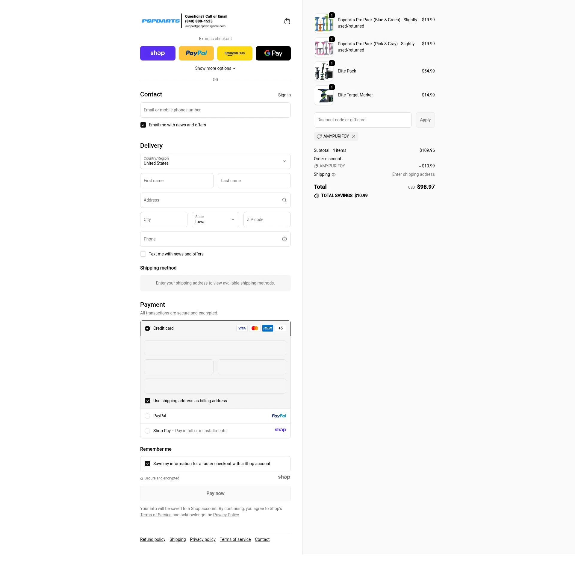 Popdarts checkout page showing Popdarts discount code box | Screenshot taken by SimplyCodes community member on Nov 2, 2025
