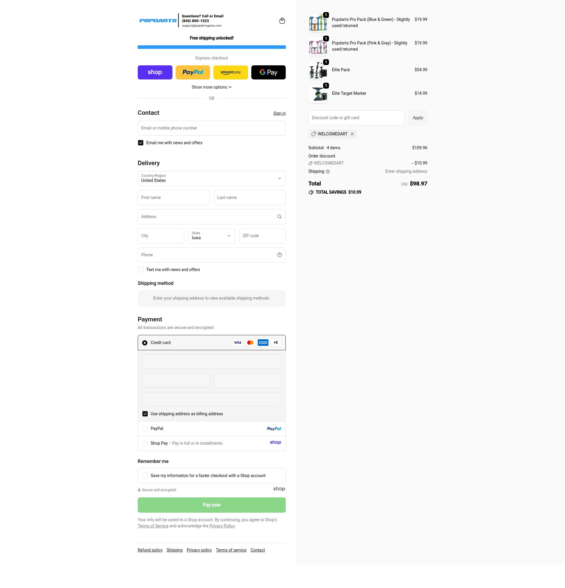Popdarts checkout page showing Popdarts discount code box | Screenshot taken by SimplyCodes community member on Nov 9, 2025
