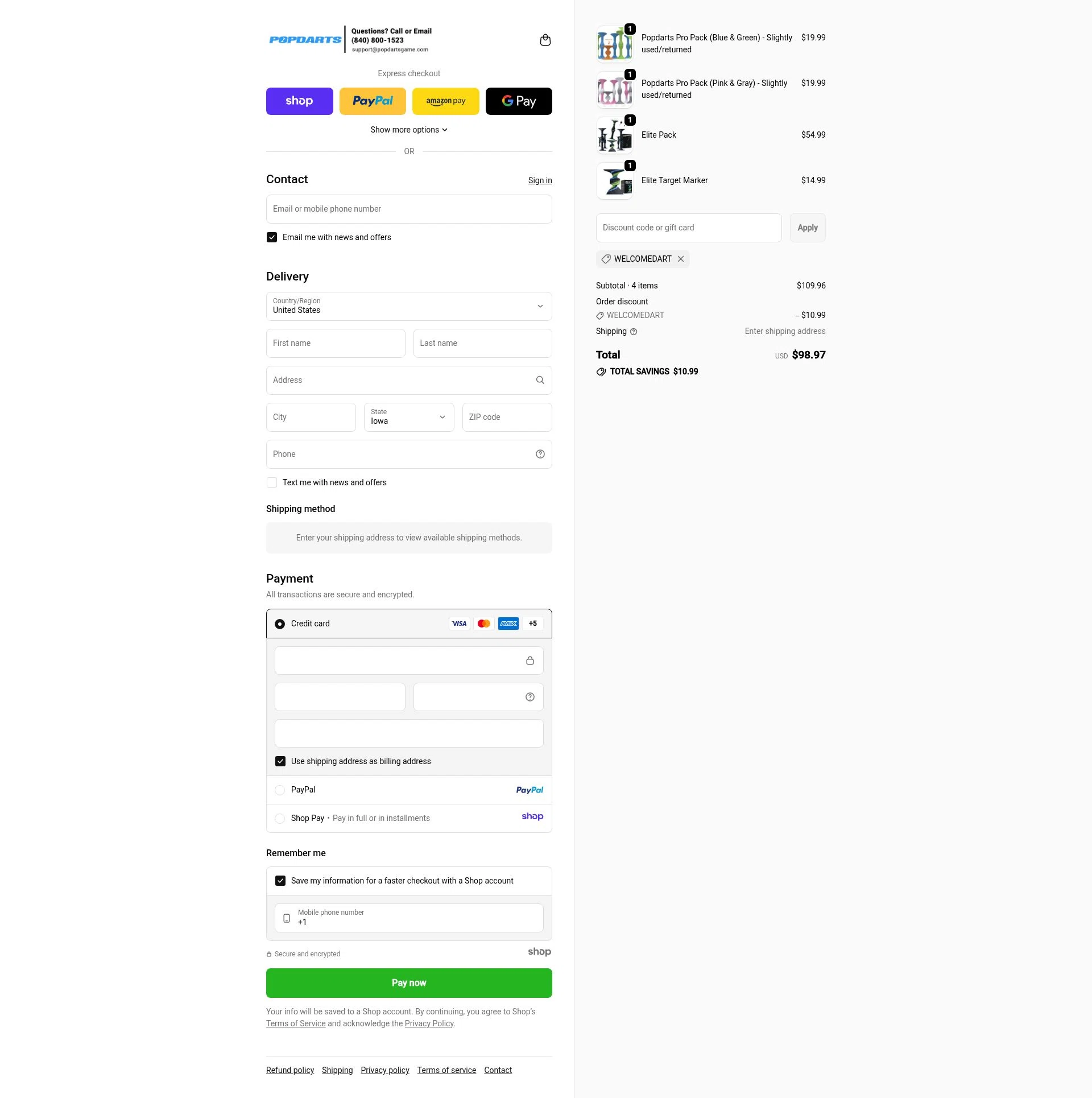 Popdarts checkout page showing Popdarts discount code box | Screenshot taken by SimplyCodes community member on Nov 2, 2025
