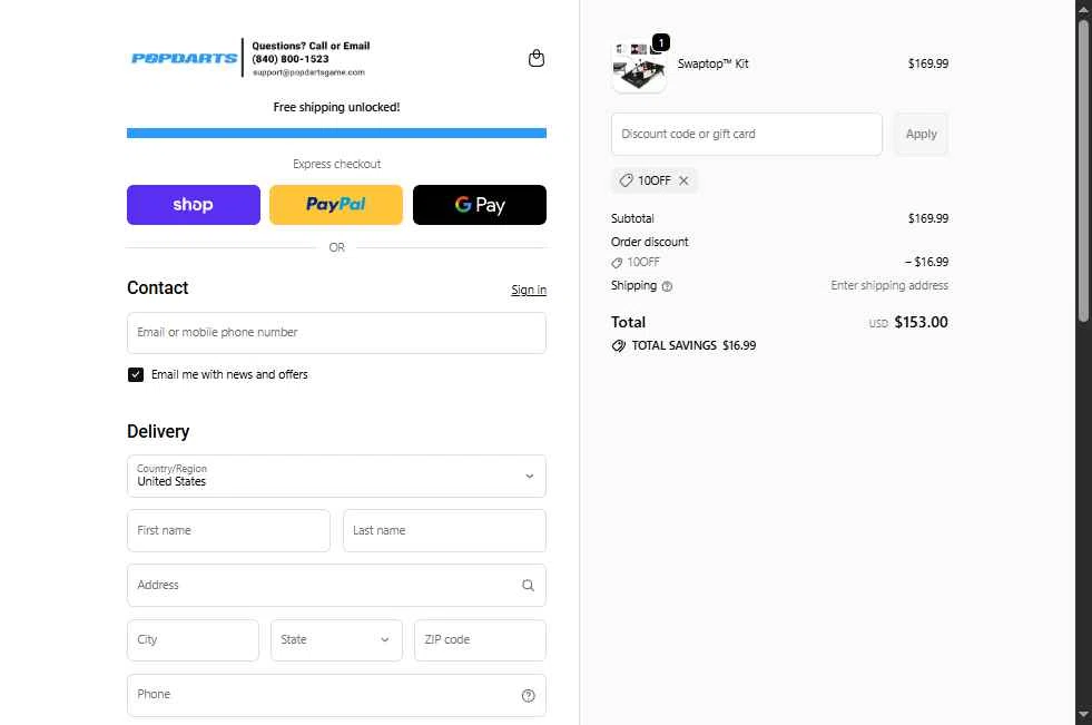 Popdarts checkout page showing Popdarts discount code box | Screenshot taken by SimplyCodes community member on Dec 5, 2025