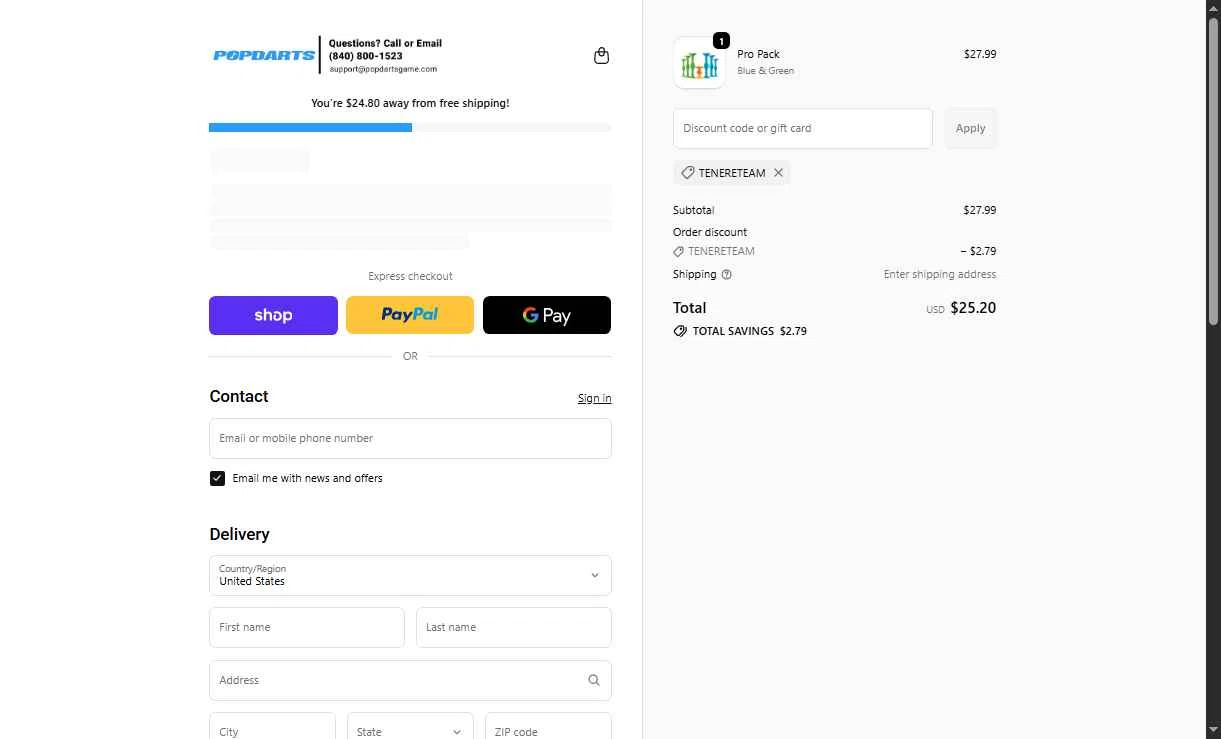 Popdarts checkout page showing Popdarts discount code box | Screenshot taken by SimplyCodes community member on Nov 20, 2025