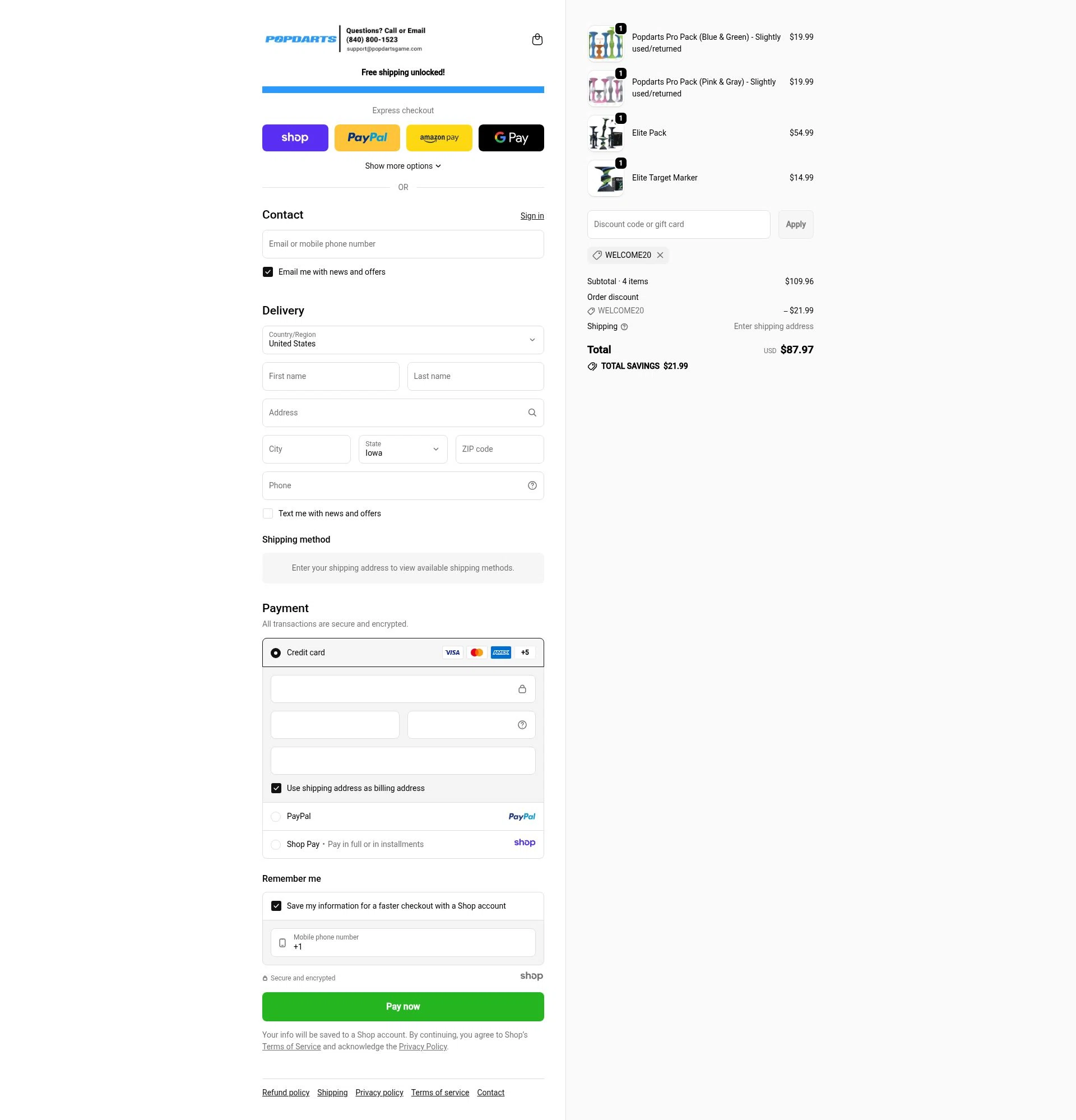 Popdarts checkout page showing Popdarts discount code box | Screenshot taken by SimplyCodes community member on Nov 9, 2025