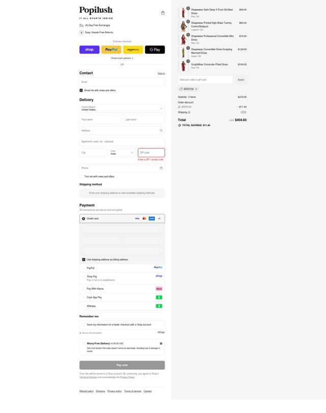 Popilush checkout page showing Popilush discount code box | Screenshot taken by SimplyCodes community member on Sep 14, 2025