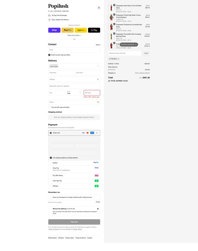 Popilush checkout page showing Popilush discount code box | Screenshot taken by SimplyCodes community member on Sep 14, 2025