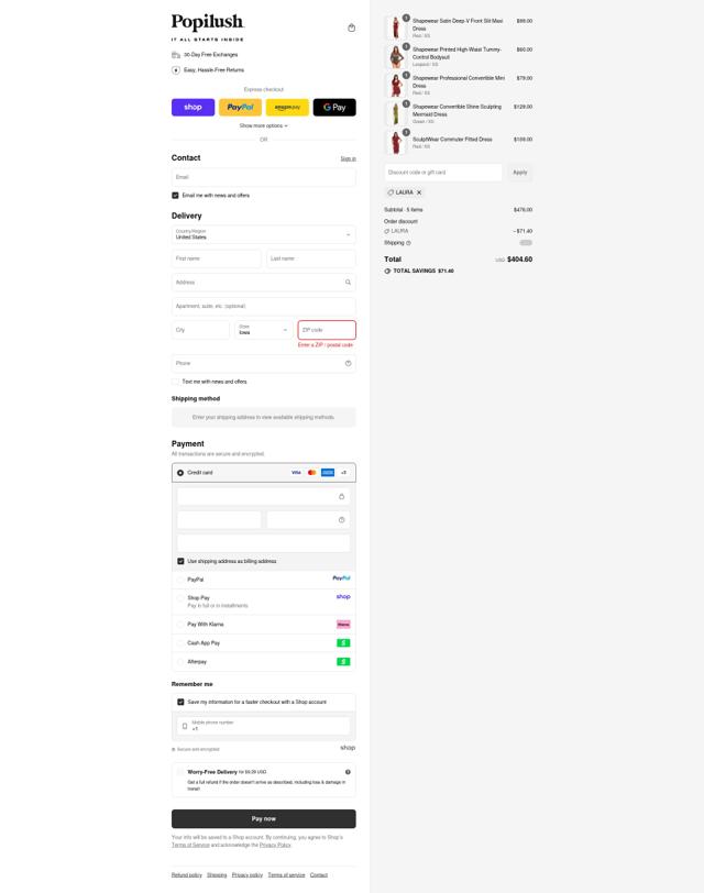 Popilush checkout page showing Popilush discount code box | Screenshot taken by SimplyCodes community member on Sep 14, 2025
