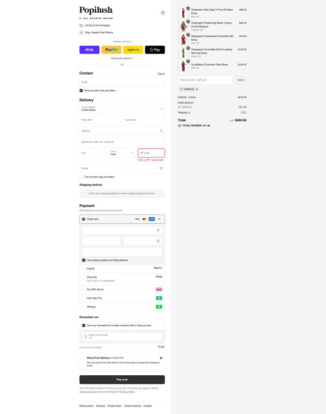 Popilush checkout page showing Popilush discount code box | Screenshot taken by SimplyCodes community member on Sep 14, 2025