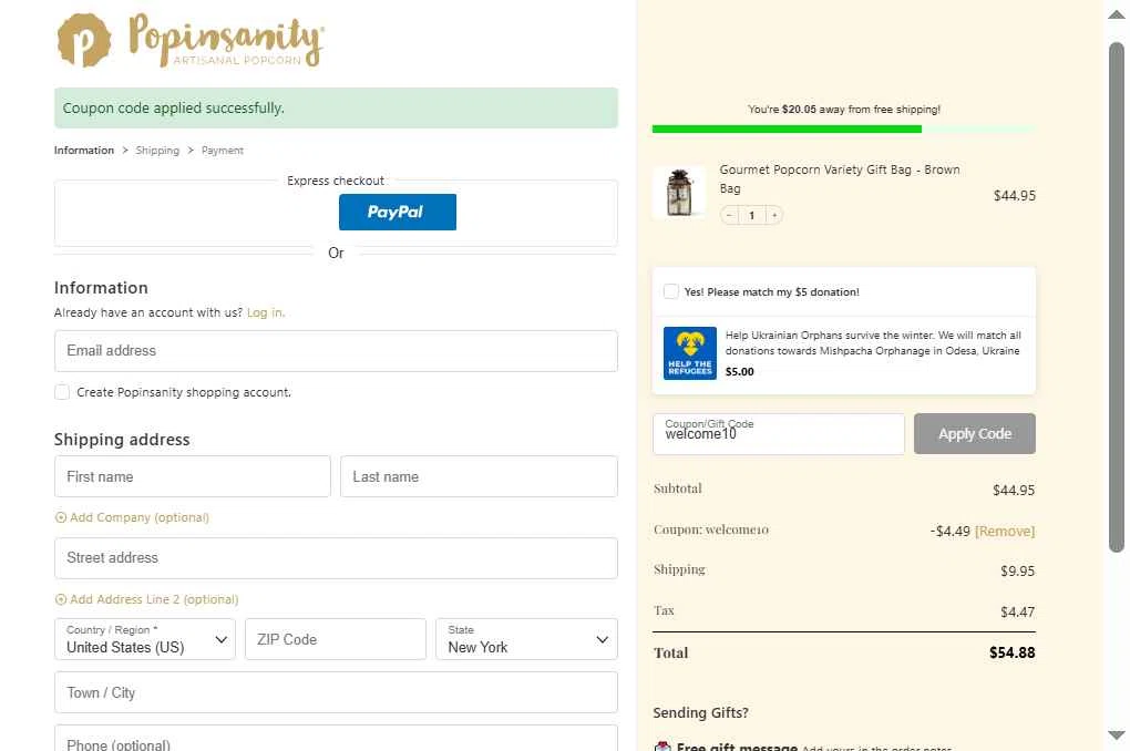 Popinsanity checkout page showing Popinsanity coupon code box | Screenshot taken by SimplyCodes community member on Oct 30, 2025