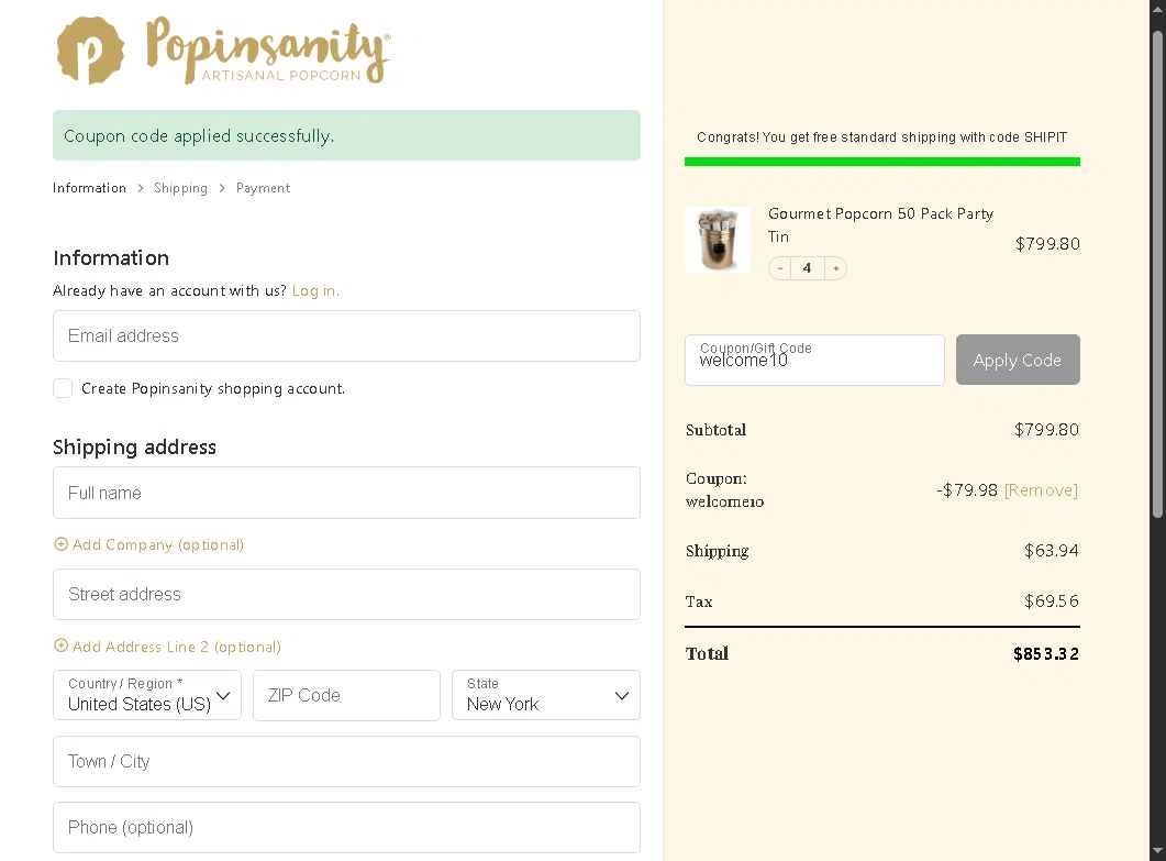 Popinsanity checkout page showing Popinsanity coupon code box | Screenshot taken by SimplyCodes community member on Dec 13, 2025