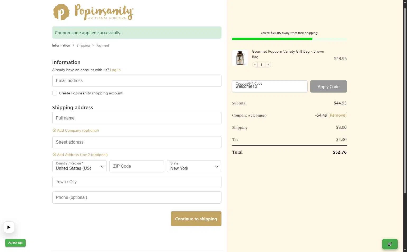 Popinsanity checkout page showing Popinsanity coupon code box | Screenshot taken by SimplyCodes community member on Jan 11, 2026