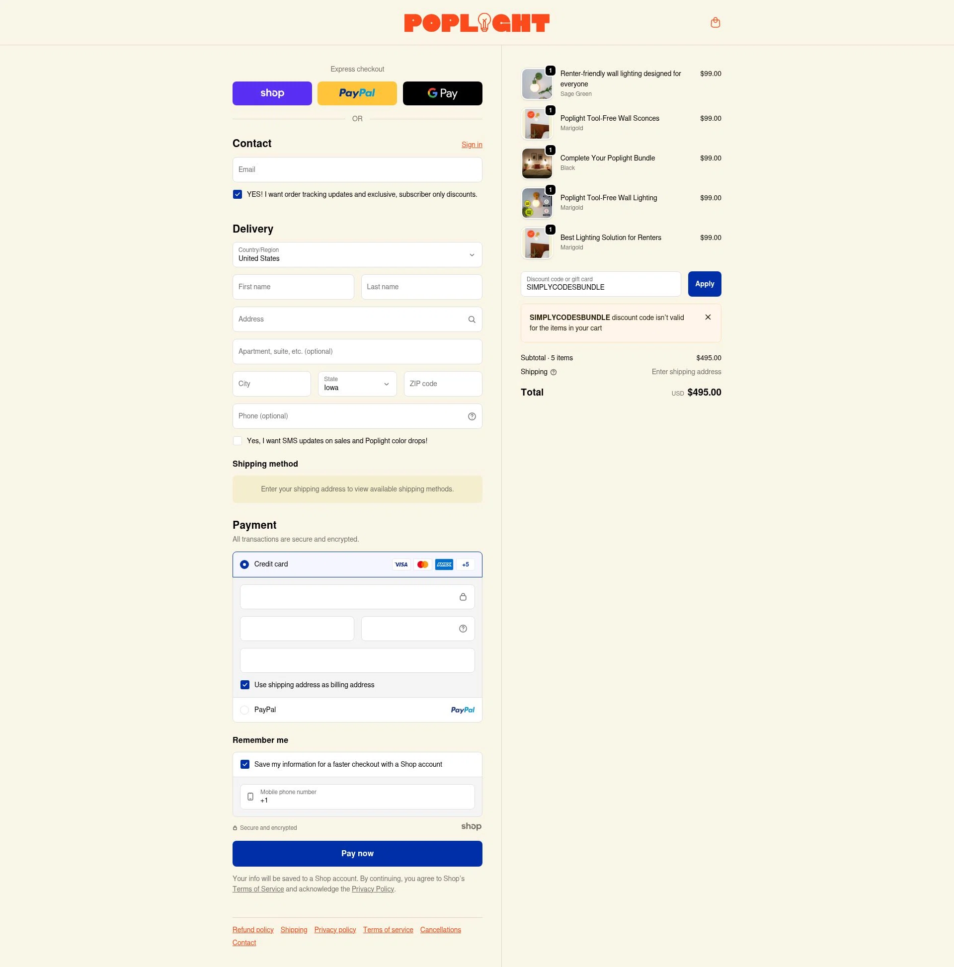 Poplight checkout page showing Poplight discount code box | Screenshot taken by SimplyCodes community member on Nov 23, 2025