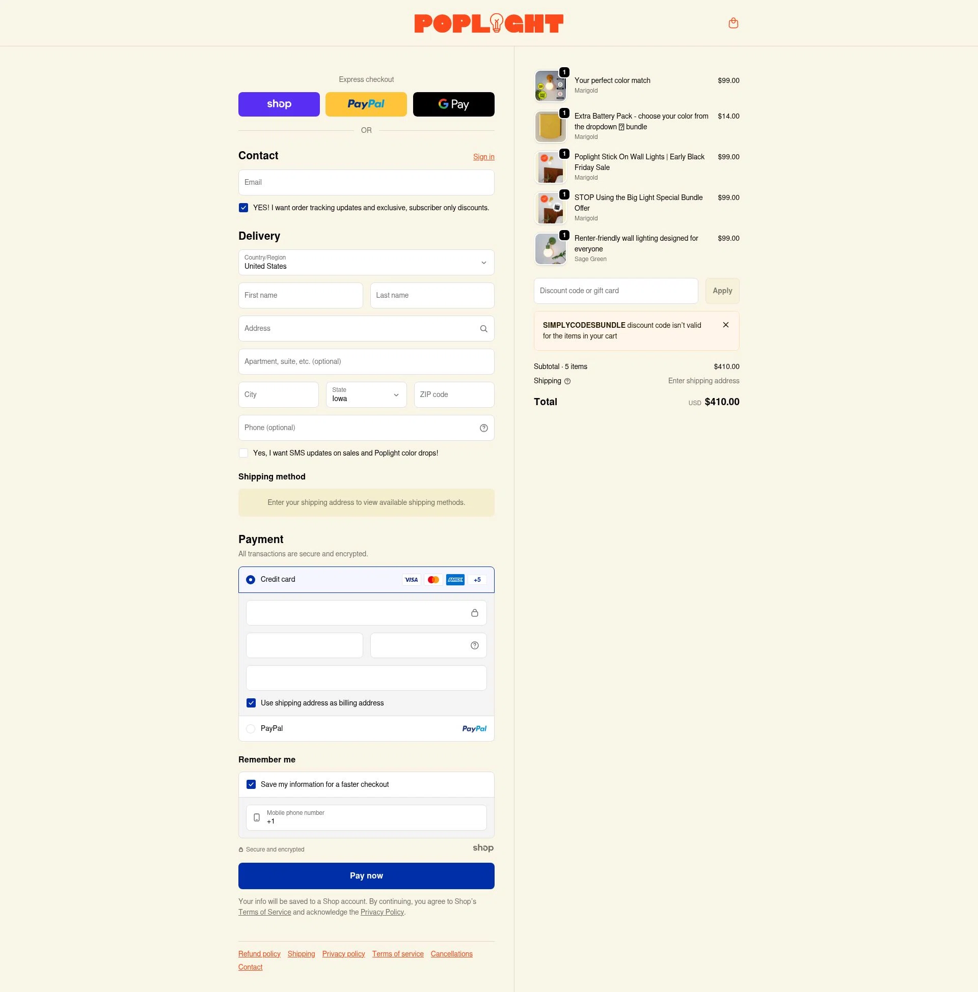 Poplight checkout page showing Poplight discount code box | Screenshot taken by SimplyCodes community member on Dec 27, 2025