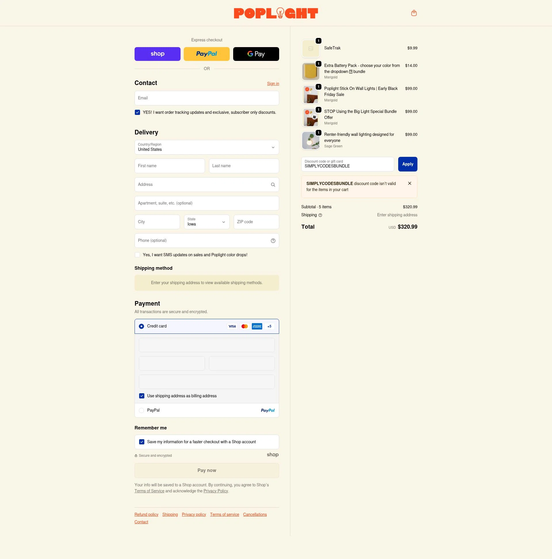 Poplight checkout page showing Poplight discount code box | Screenshot taken by SimplyCodes community member on Dec 4, 2025