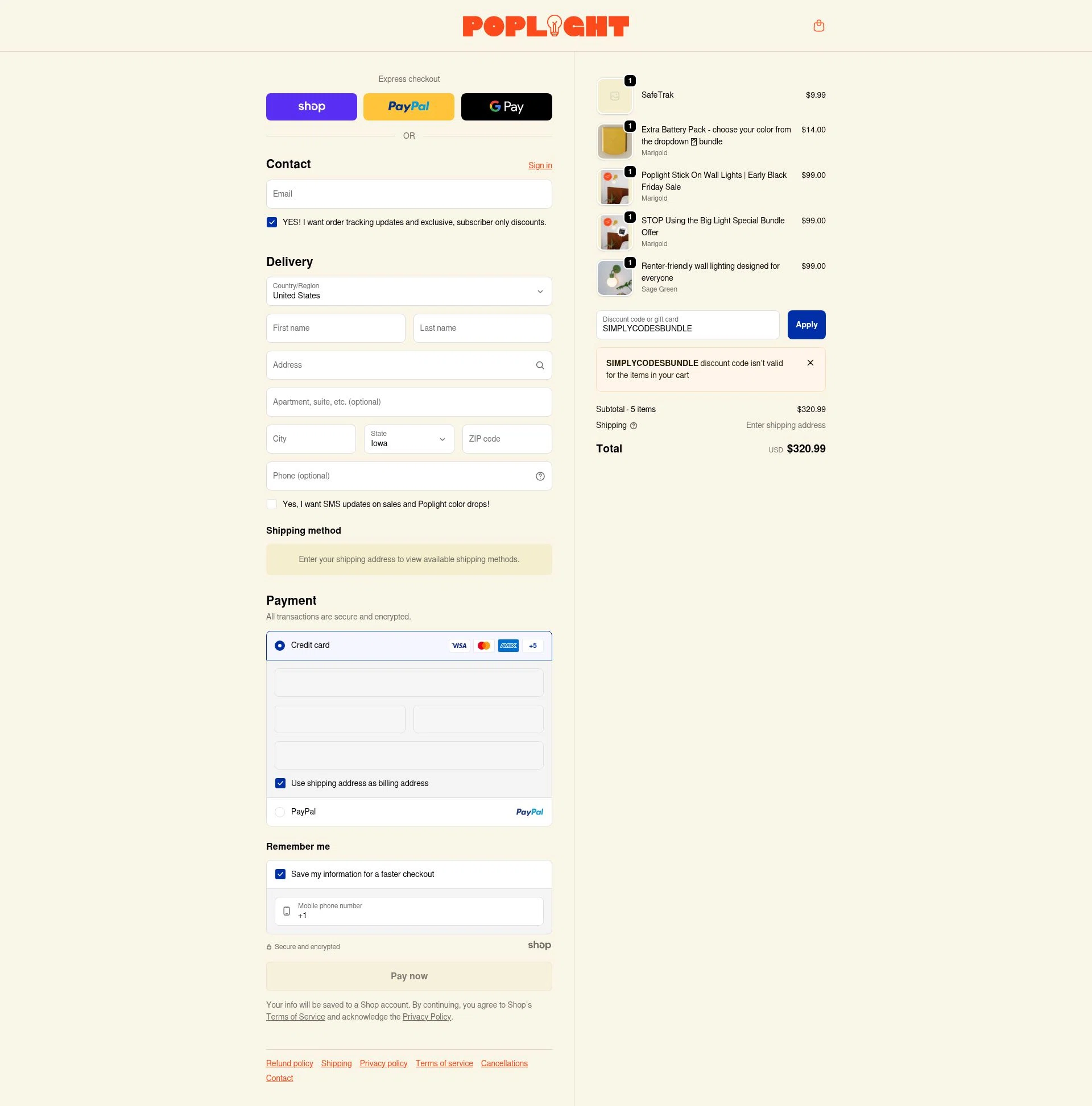 Poplight checkout page showing Poplight discount code box | Screenshot taken by SimplyCodes community member on Dec 15, 2025
