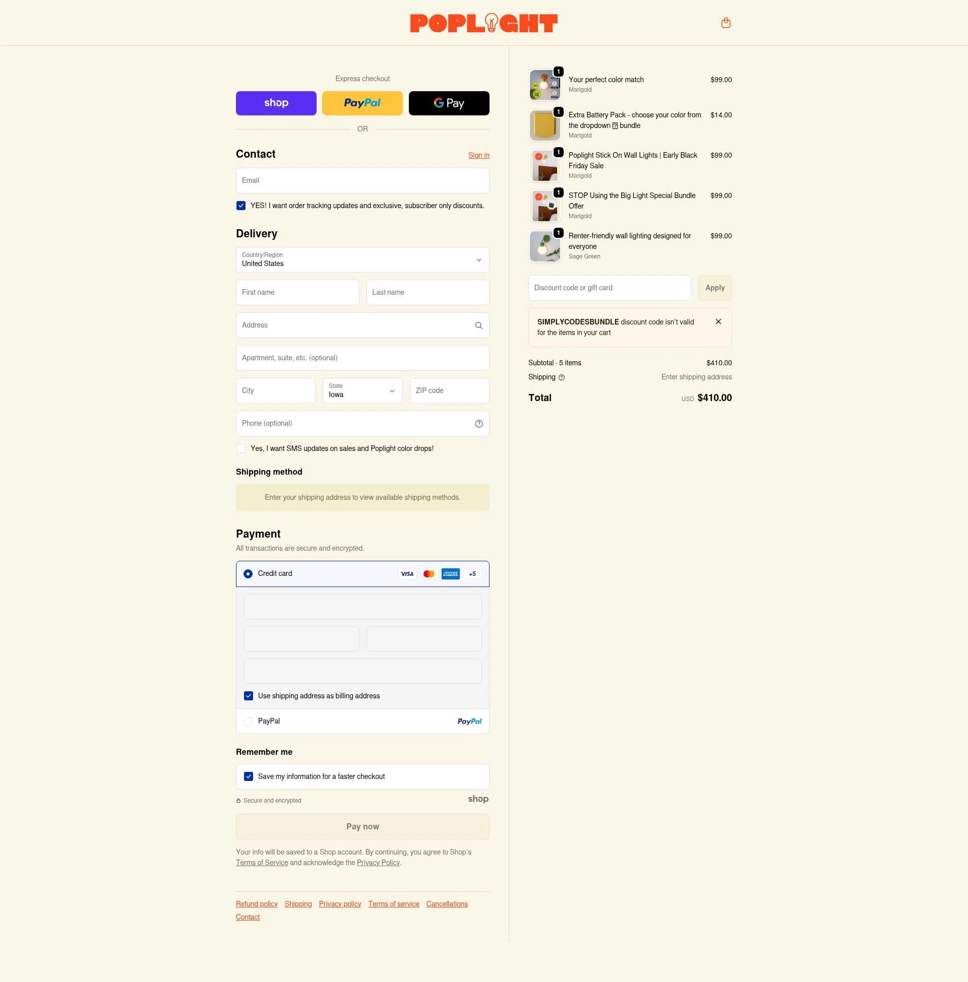 Poplight checkout page showing Poplight discount code box | Screenshot taken by SimplyCodes community member on Jan 1, 2026
