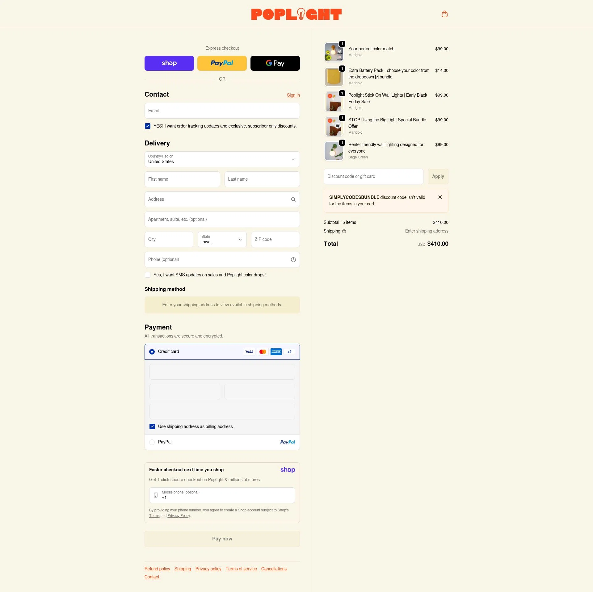 Poplight checkout page showing Poplight discount code box | Screenshot taken by SimplyCodes community member on Jan 6, 2026