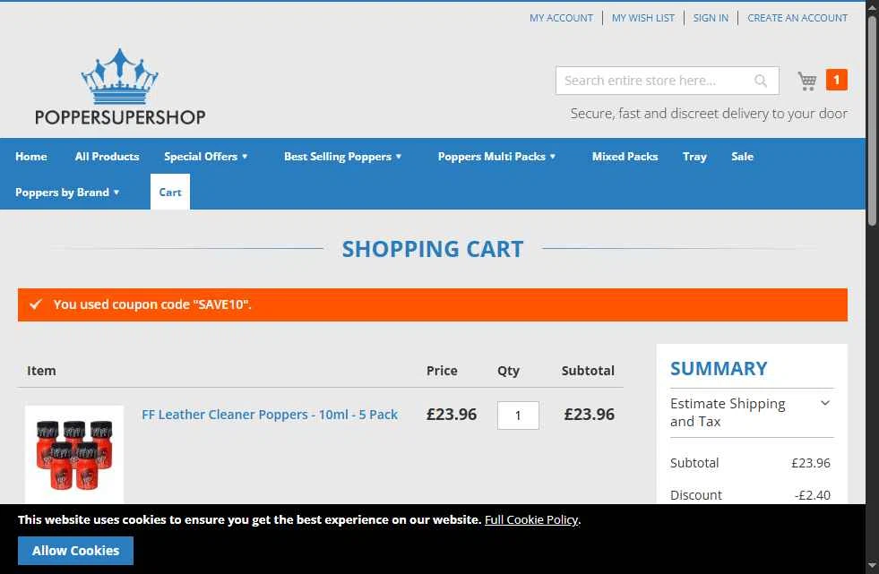 Popper Super Shop checkout page showing Popper Super Shop promo code box | Screenshot taken by SimplyCodes community member on Jan 11, 2026