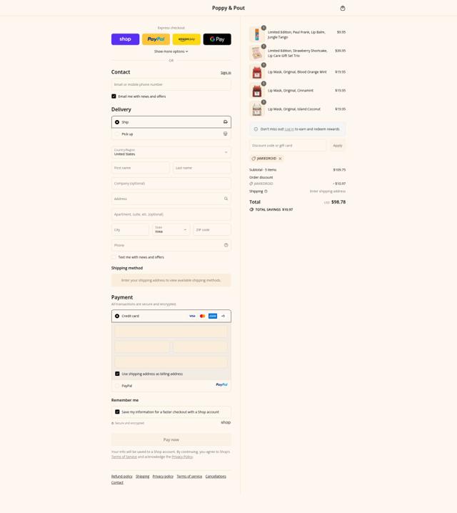 Poppy & Pout checkout page showing Poppy & Pout promo code box | Screenshot taken by SimplyCodes community member on Sep 12, 2025