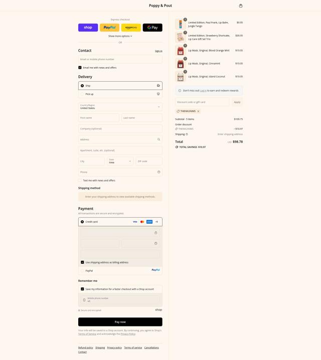 Poppy & Pout checkout page showing Poppy & Pout promo code box | Screenshot taken by SimplyCodes community member on Sep 12, 2025