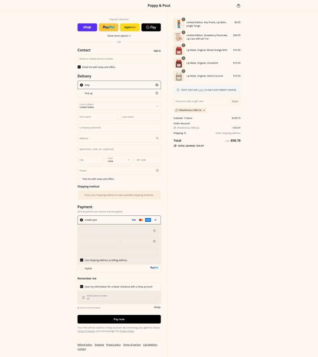 Poppy & Pout checkout page showing Poppy & Pout promo code box | Screenshot taken by SimplyCodes community member on Sep 12, 2025