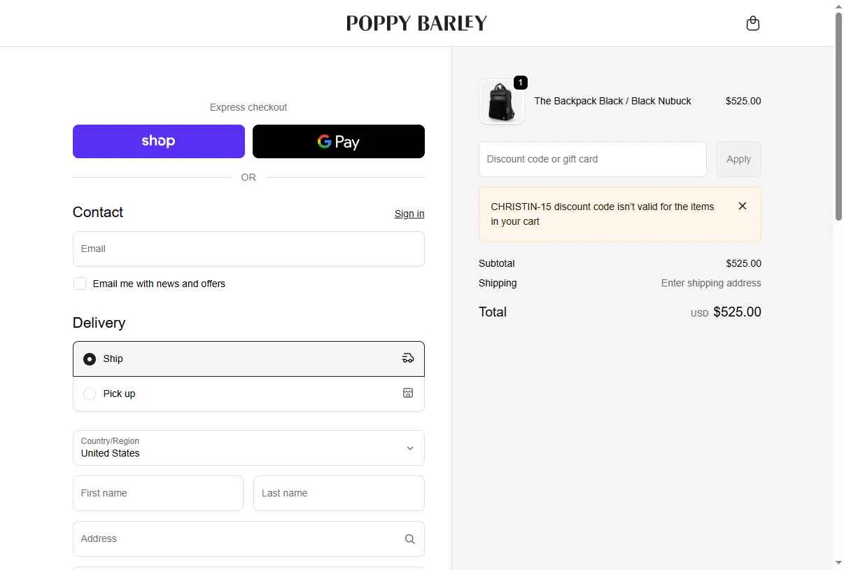 Poppy Barley checkout page showing Poppy Barley promo code box | Screenshot taken by SimplyCodes community member on Dec 23, 2025