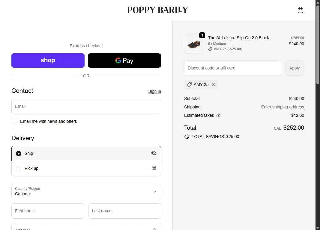Poppy Barley checkout page showing Poppy Barley promo code box | Screenshot taken by SimplyCodes community member on Dec 23, 2025