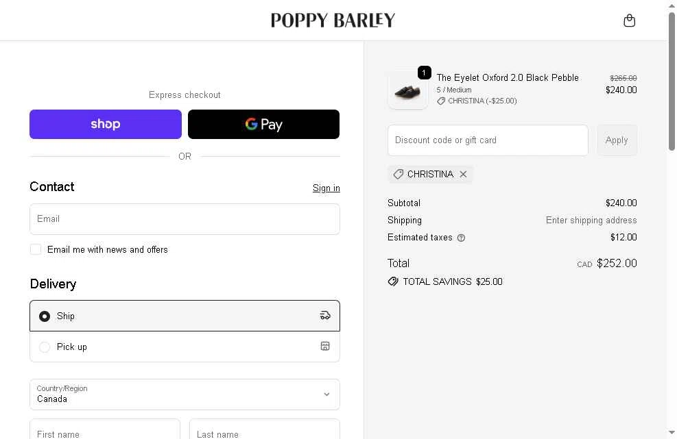 Poppy Barley checkout page showing Poppy Barley promo code box | Screenshot taken by SimplyCodes community member on Dec 23, 2025