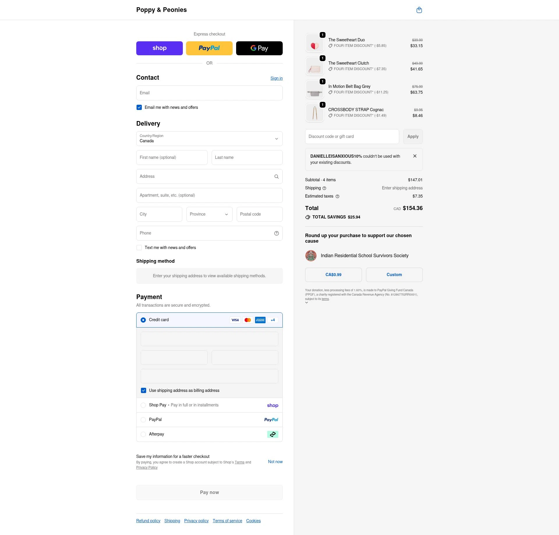 Poppy & Peonies checkout page showing Poppy & Peonies promo code box | Screenshot taken by SimplyCodes community member on Feb 14, 2026
