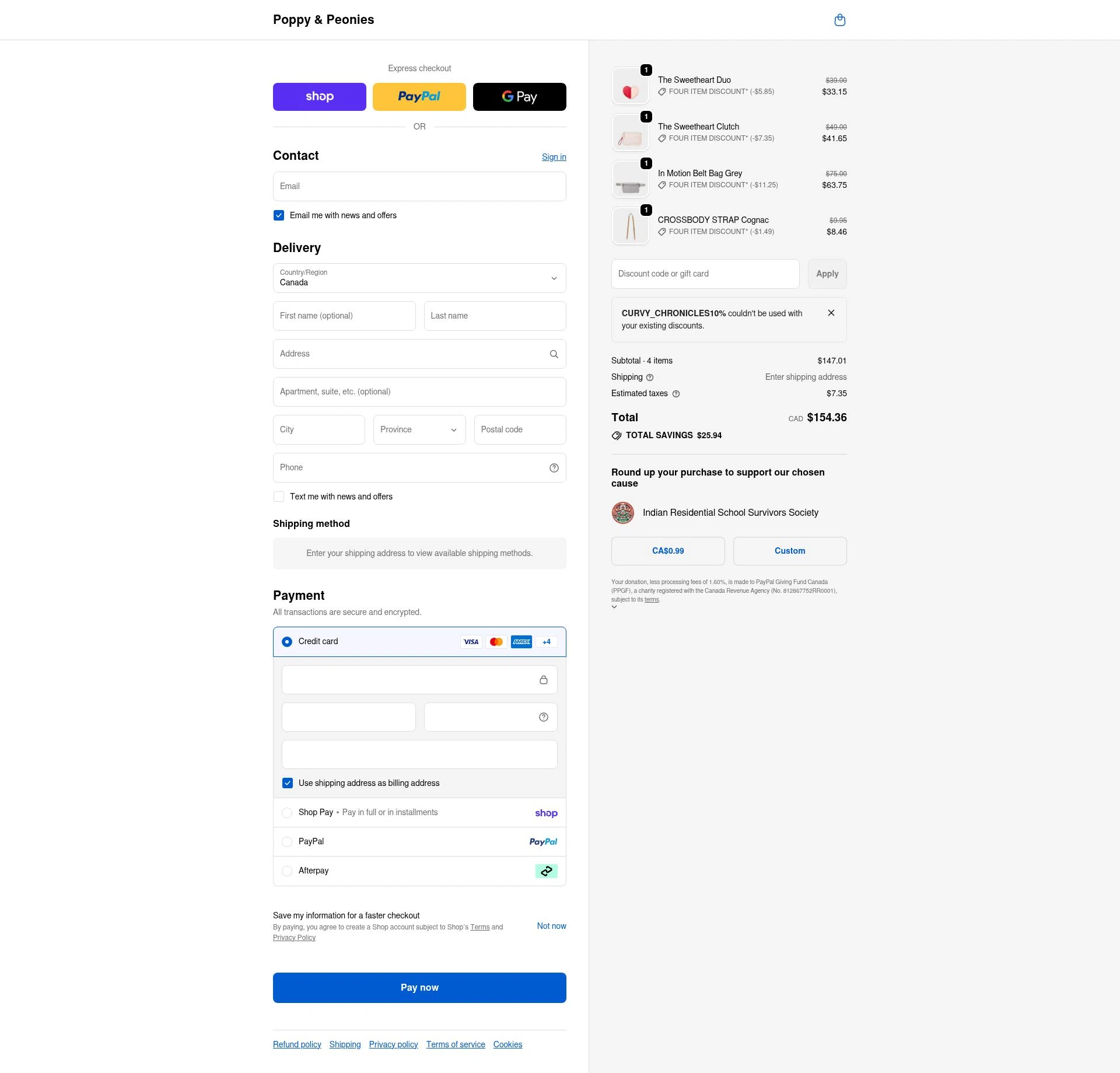 Poppy & Peonies checkout page showing Poppy & Peonies promo code box | Screenshot taken by SimplyCodes community member on Feb 14, 2026