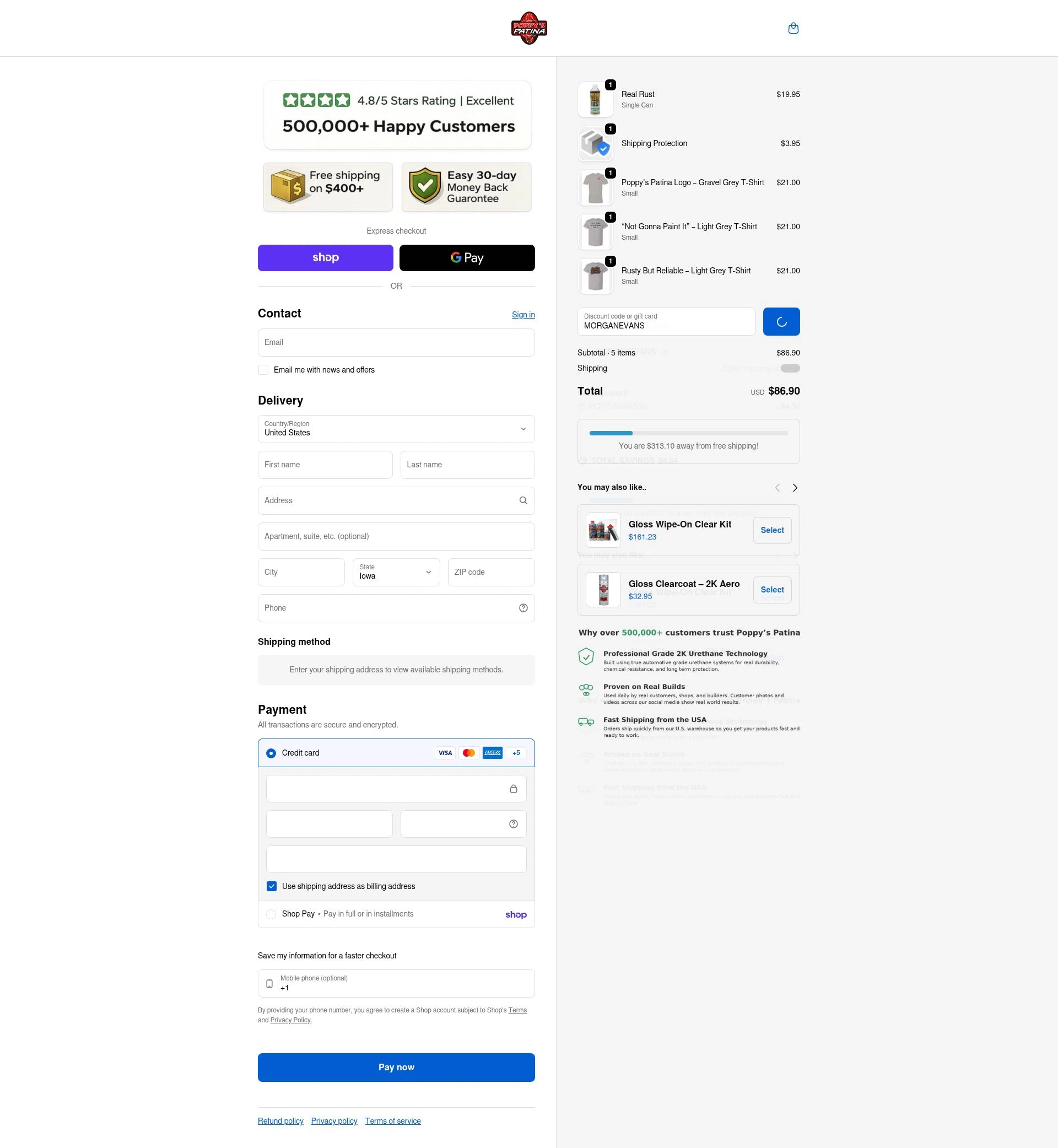 Poppy's Patina checkout page showing Poppy's Patina discount code box | Screenshot taken by SimplyCodes community member on Feb 14, 2026