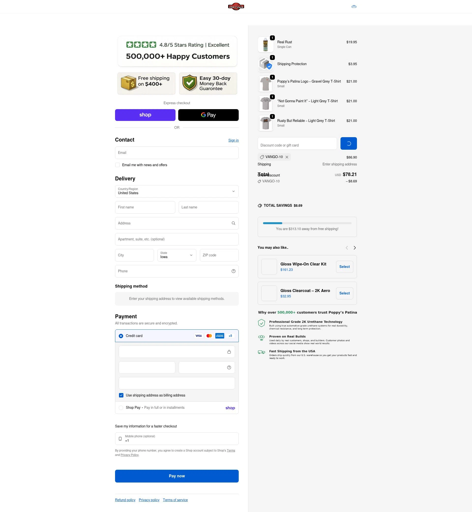 Poppy's Patina checkout page showing Poppy's Patina discount code box | Screenshot taken by SimplyCodes community member on Feb 14, 2026