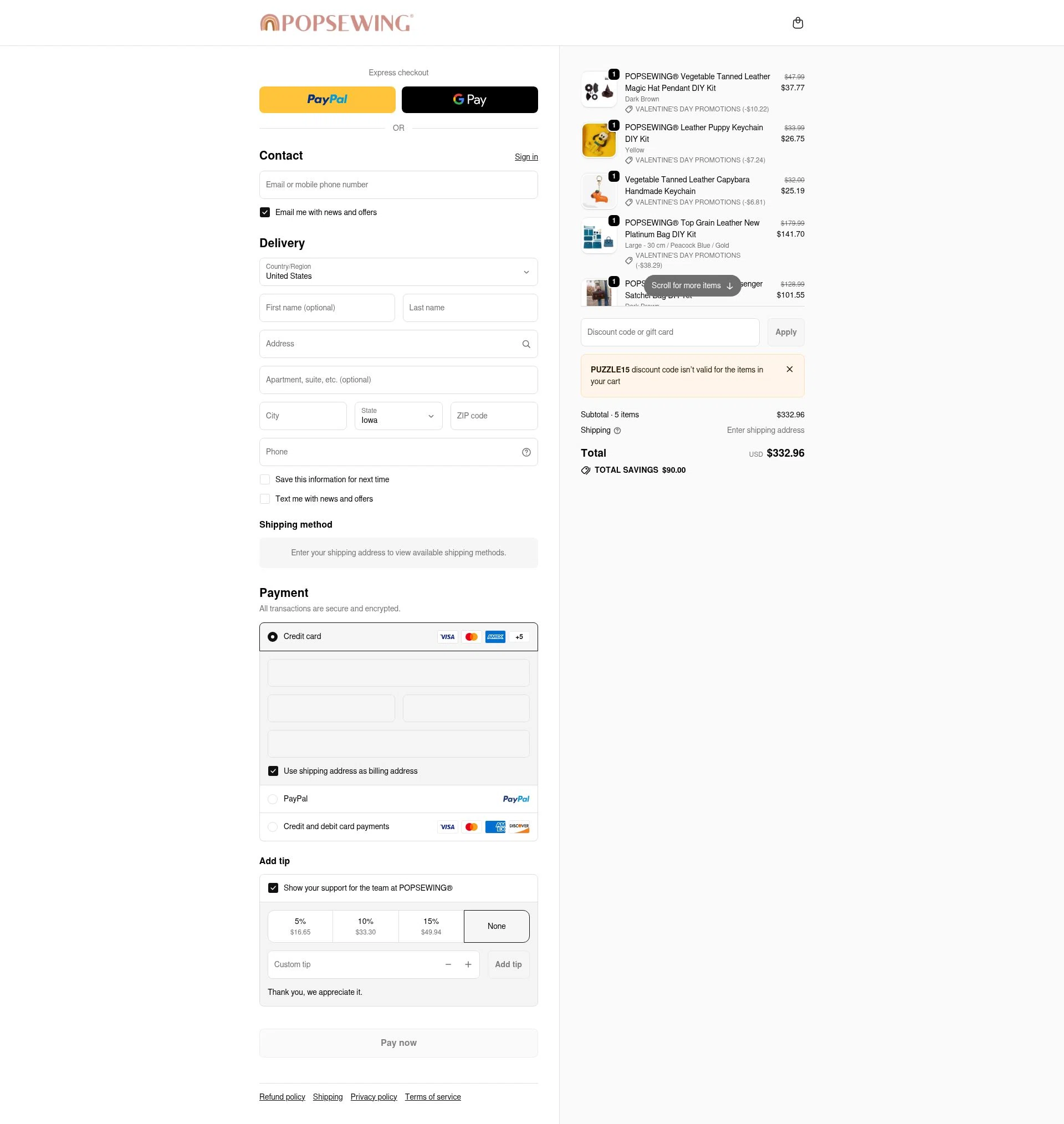 POPSEWING checkout page showing POPSEWING discount code box | Screenshot taken by SimplyCodes community member on Feb 21, 2026