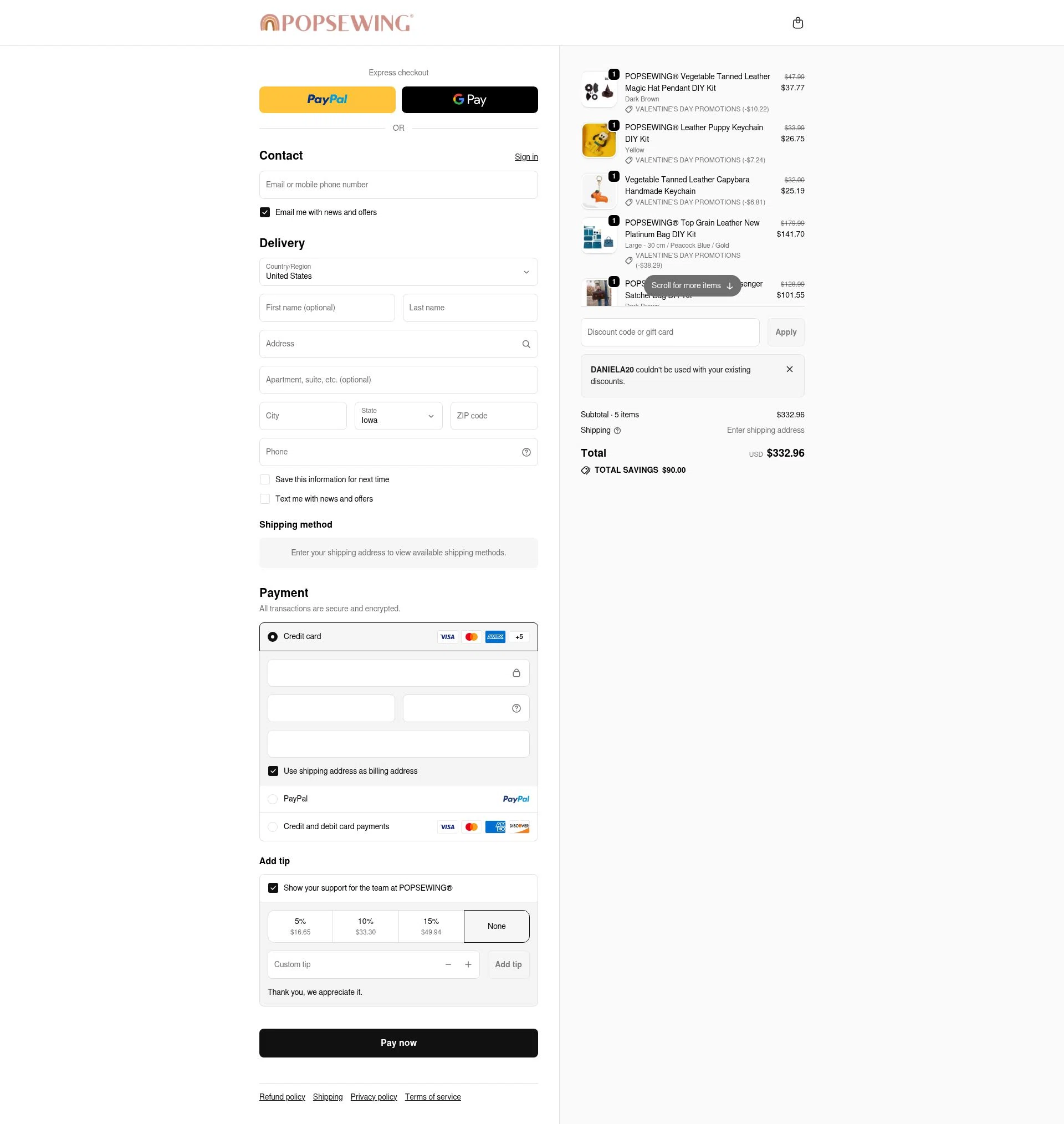 POPSEWING checkout page showing POPSEWING discount code box | Screenshot taken by SimplyCodes community member on Feb 21, 2026