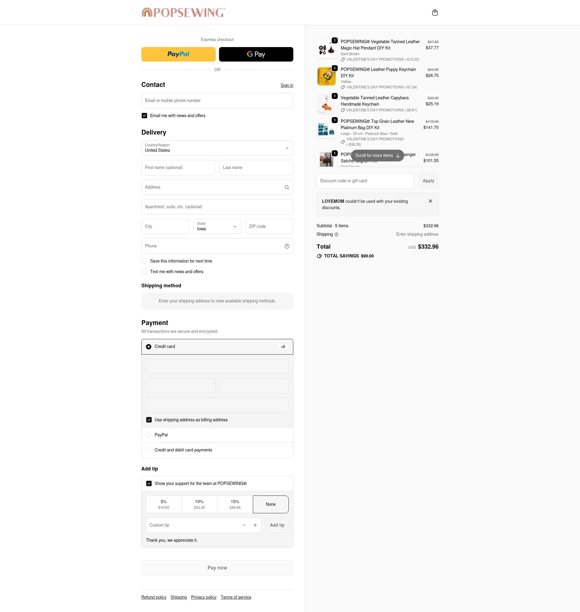 POPSEWING checkout page showing POPSEWING discount code box | Screenshot taken by SimplyCodes community member on Feb 21, 2026