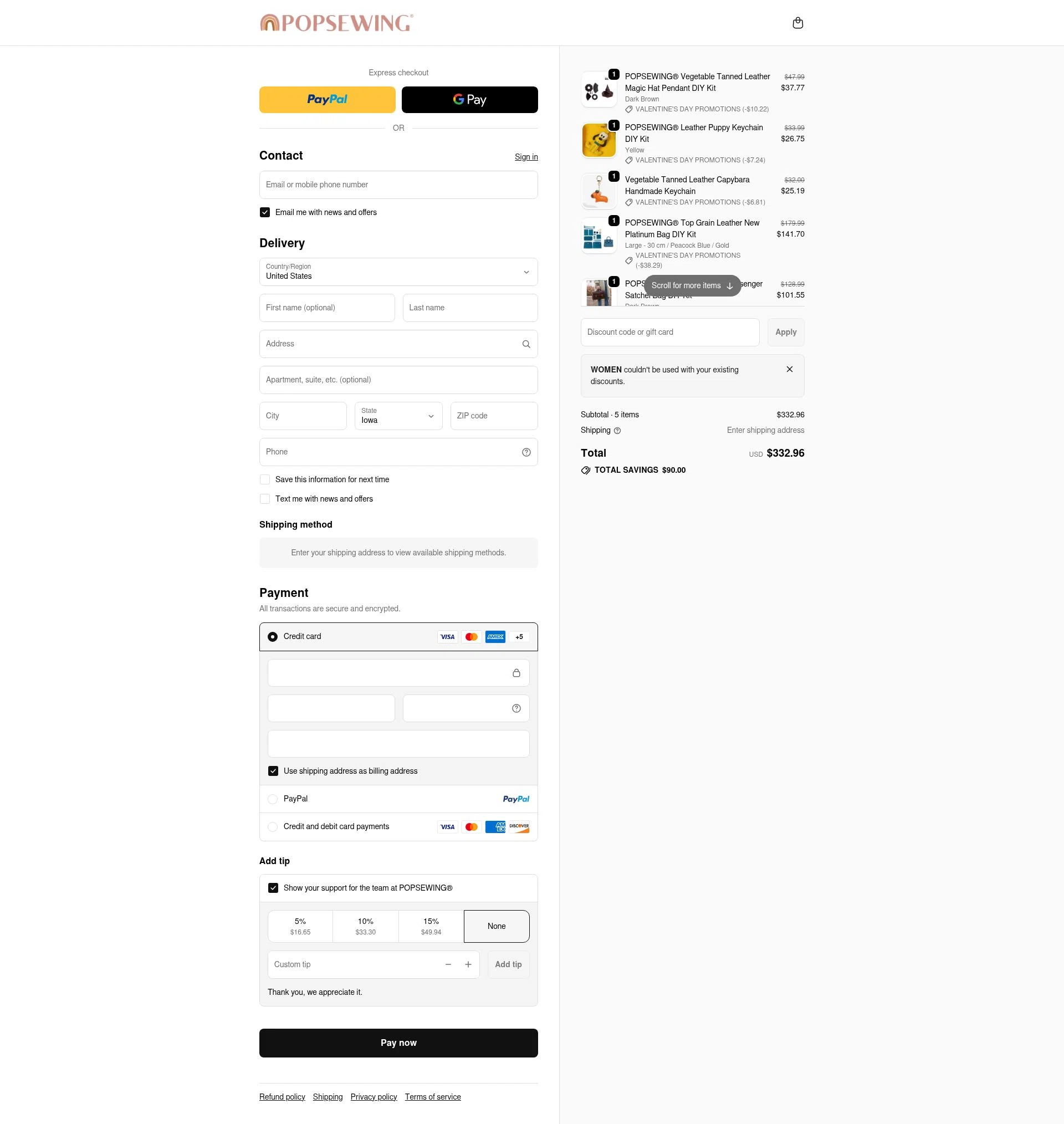 POPSEWING checkout page showing POPSEWING discount code box | Screenshot taken by SimplyCodes community member on Feb 21, 2026
