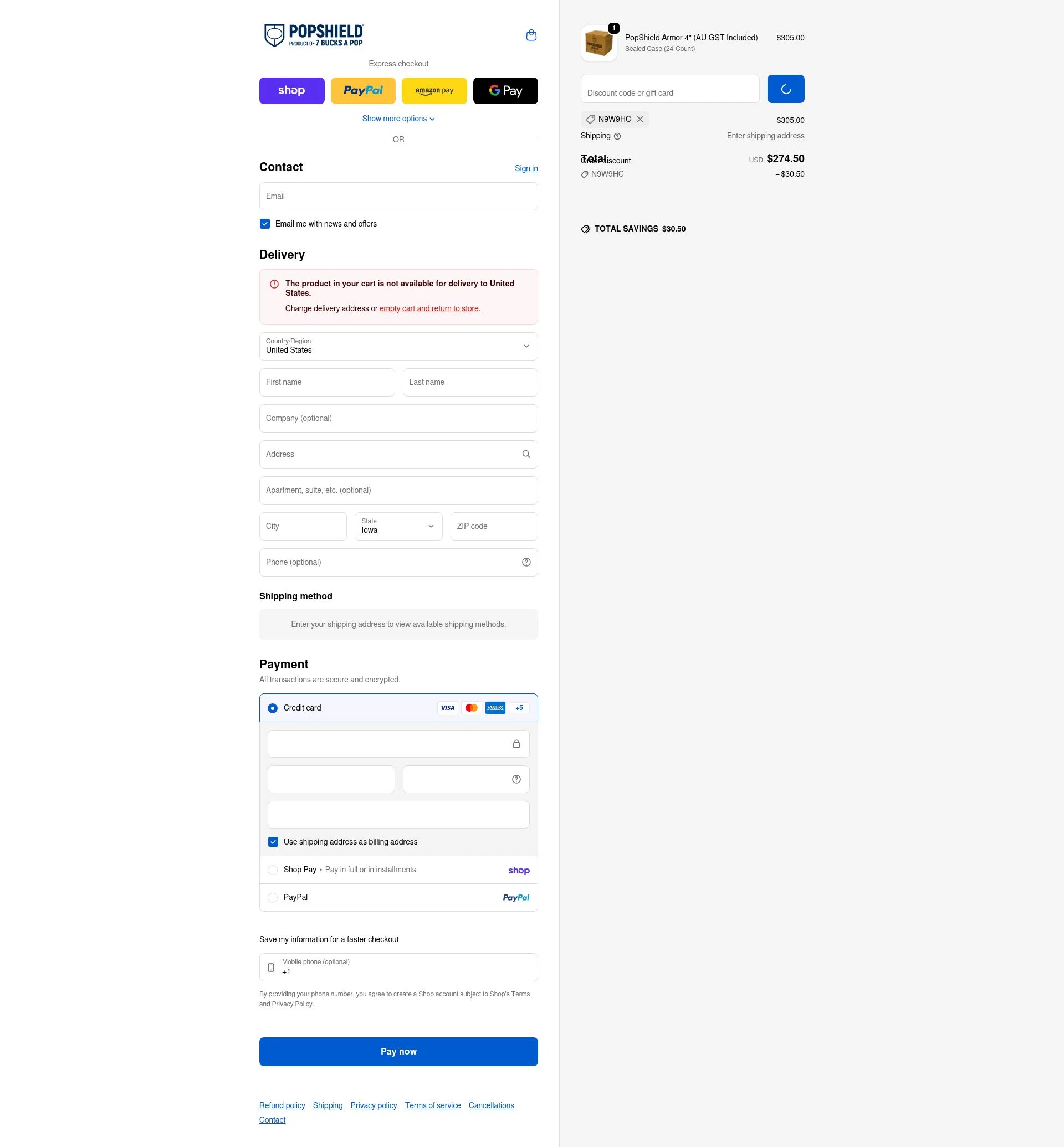 PopShield checkout page showing PopShield discount code box | Screenshot taken by SimplyCodes community member on Feb 5, 2026