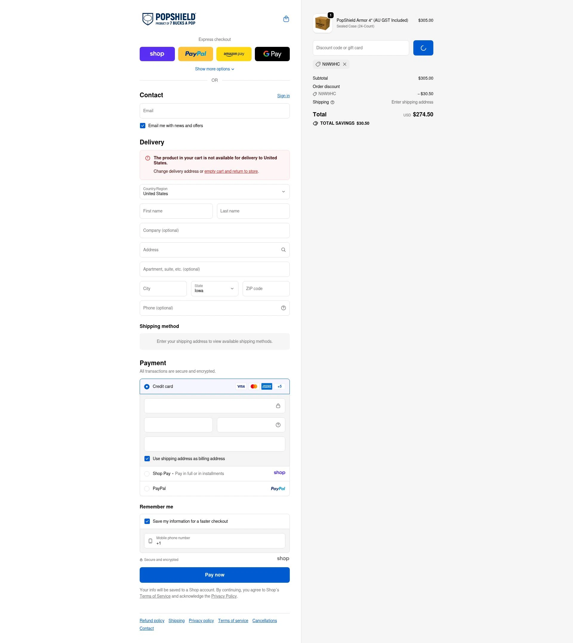 PopShield checkout page showing PopShield discount code box | Screenshot taken by SimplyCodes community member on Jan 18, 2026