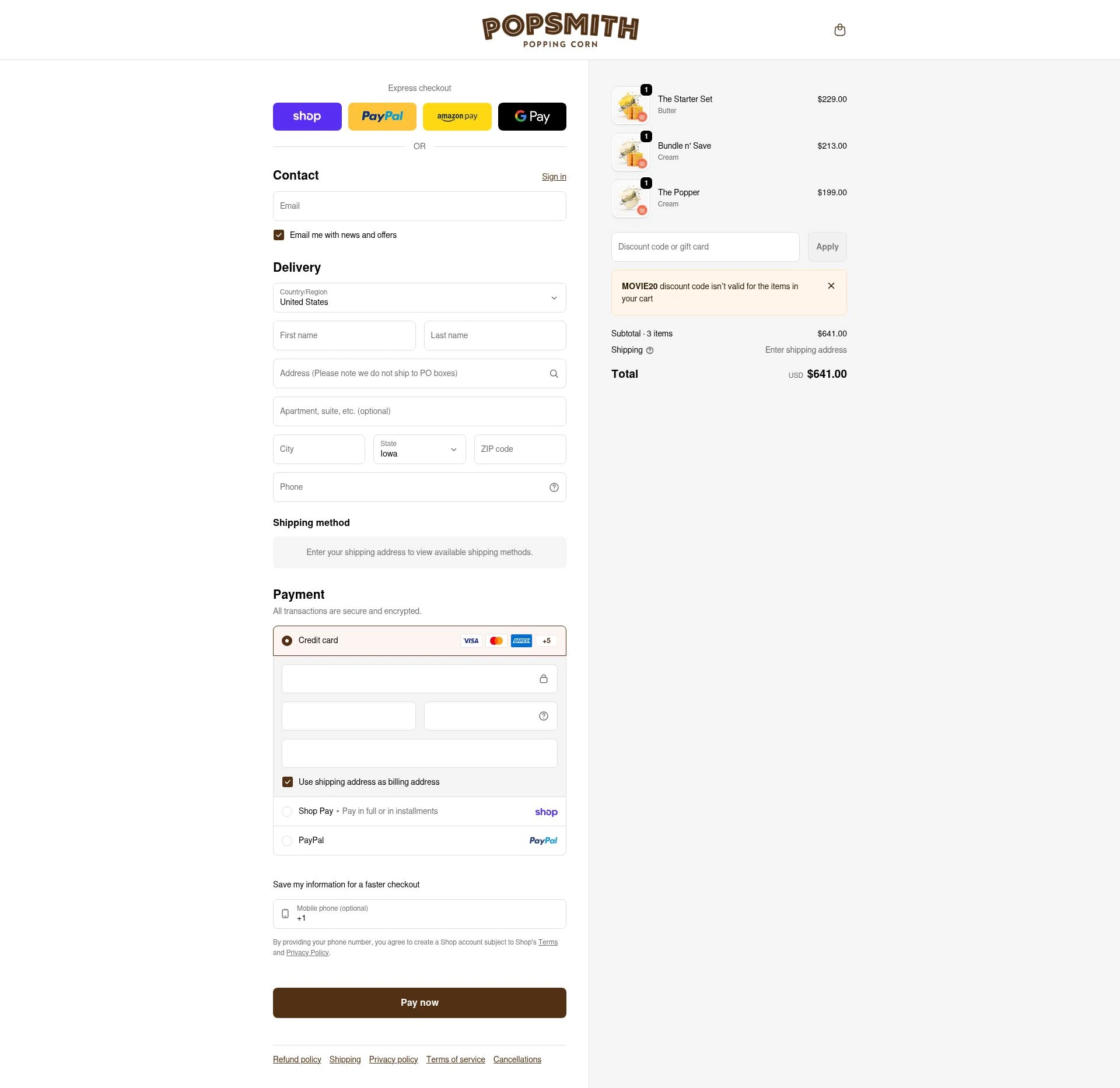 Popsmith checkout page showing Popsmith coupon code box | Screenshot taken by SimplyCodes community member on Feb 2, 2026
