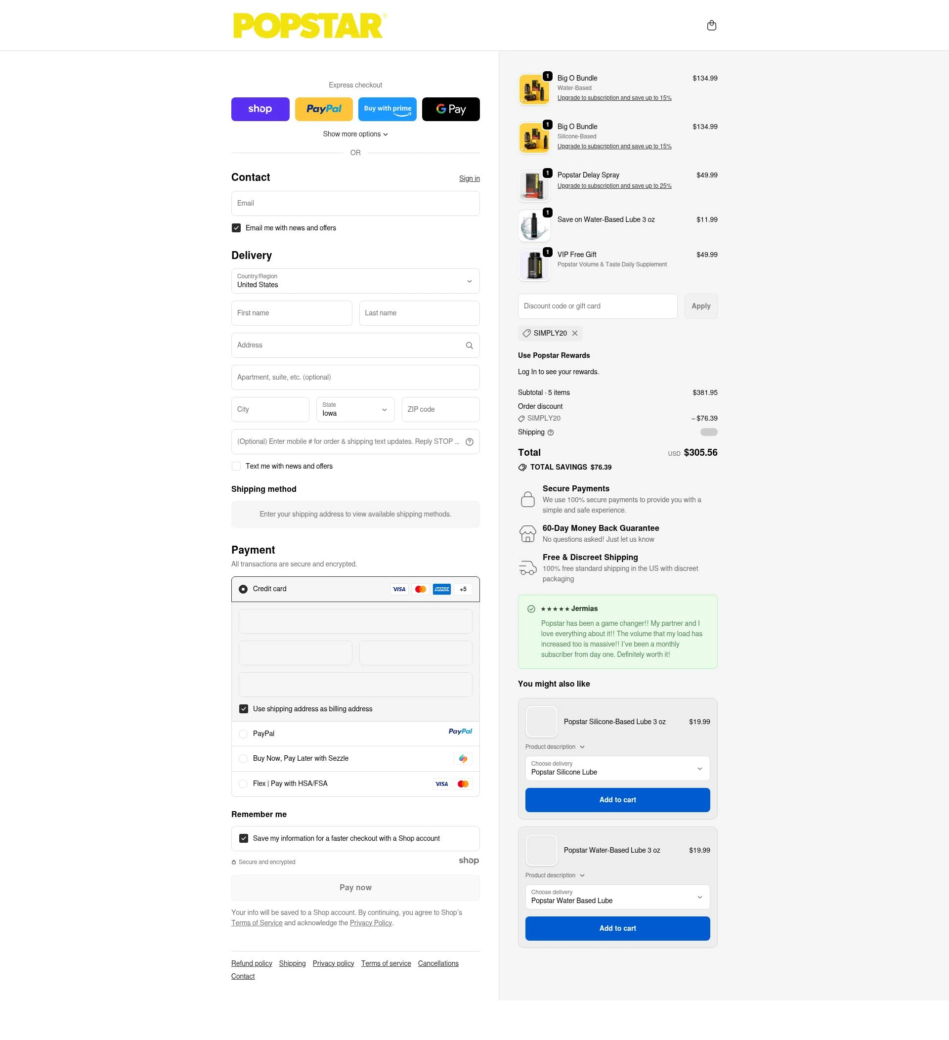 Popstar Labs checkout page showing Popstar Labs discount code box | Screenshot taken by SimplyCodes community member on Oct 14, 2025