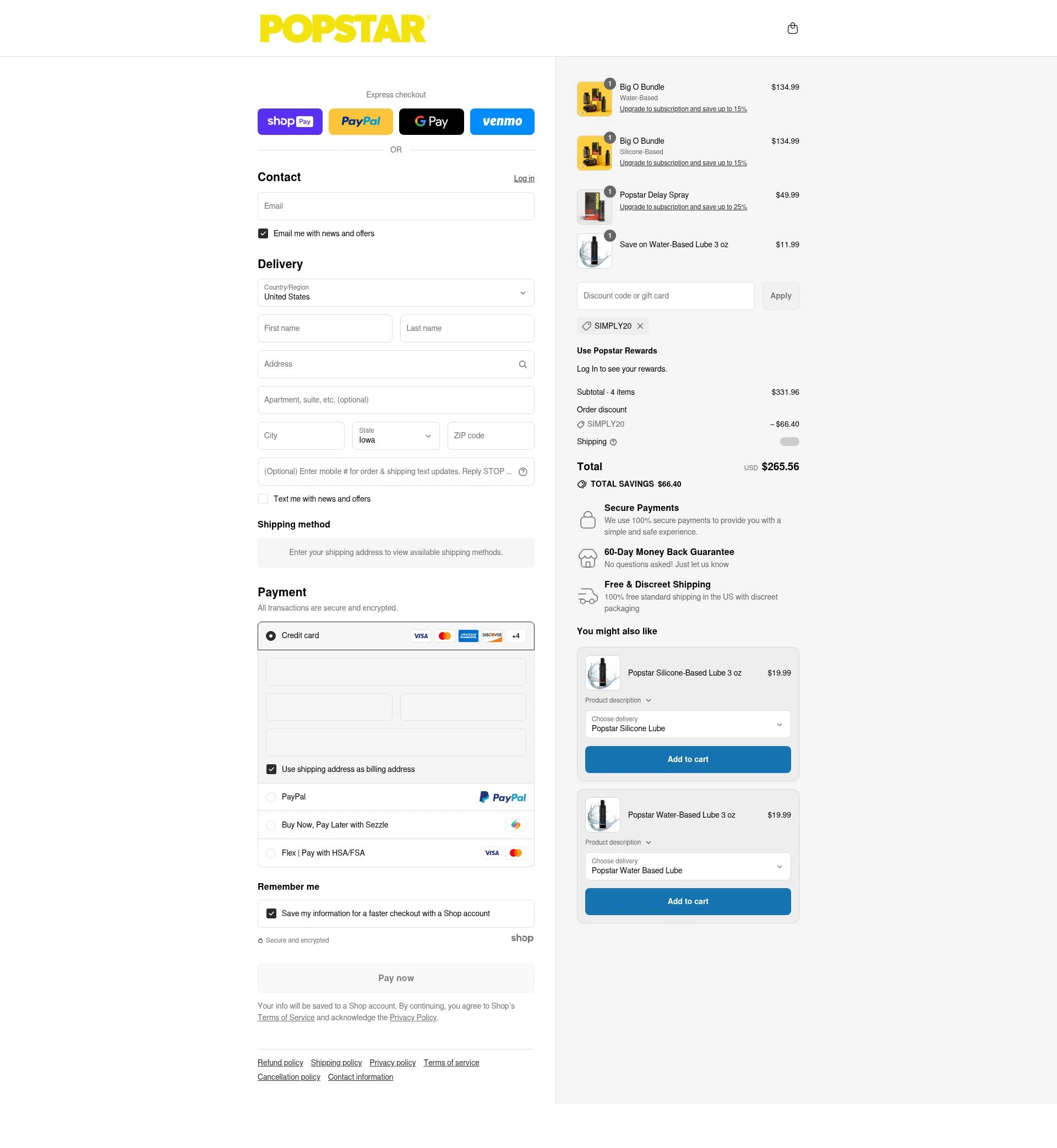 Popstar Labs checkout page showing Popstar Labs discount code box | Screenshot taken by SimplyCodes community member on Jul 18, 2025
