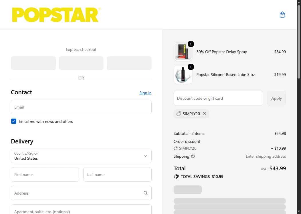 Popstar Labs checkout page showing Popstar Labs discount code box | Screenshot taken by SimplyCodes community member on Nov 19, 2025