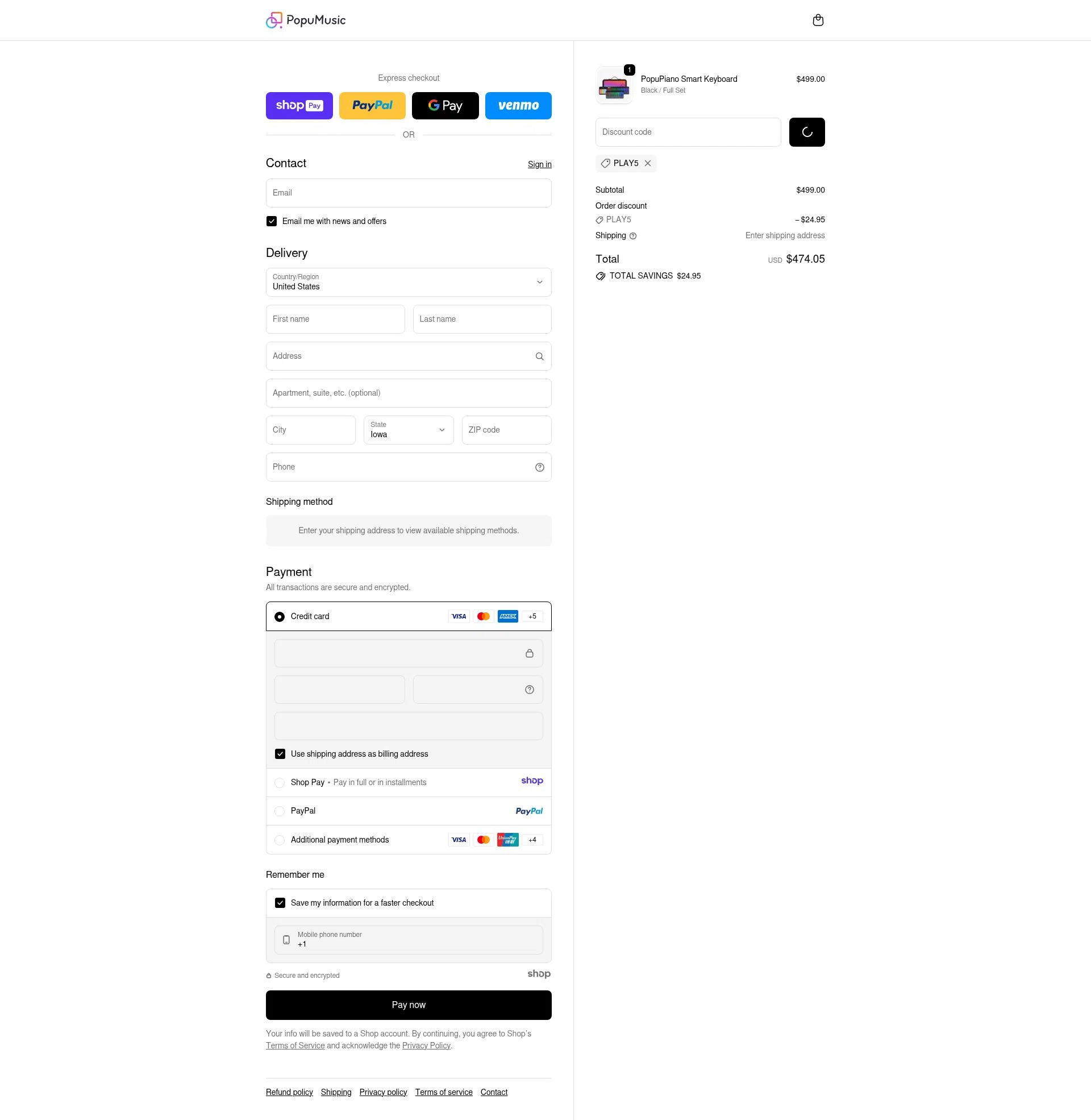PopuMusic checkout page showing PopuMusic promo code box | Screenshot taken by SimplyCodes community member on Jan 7, 2026