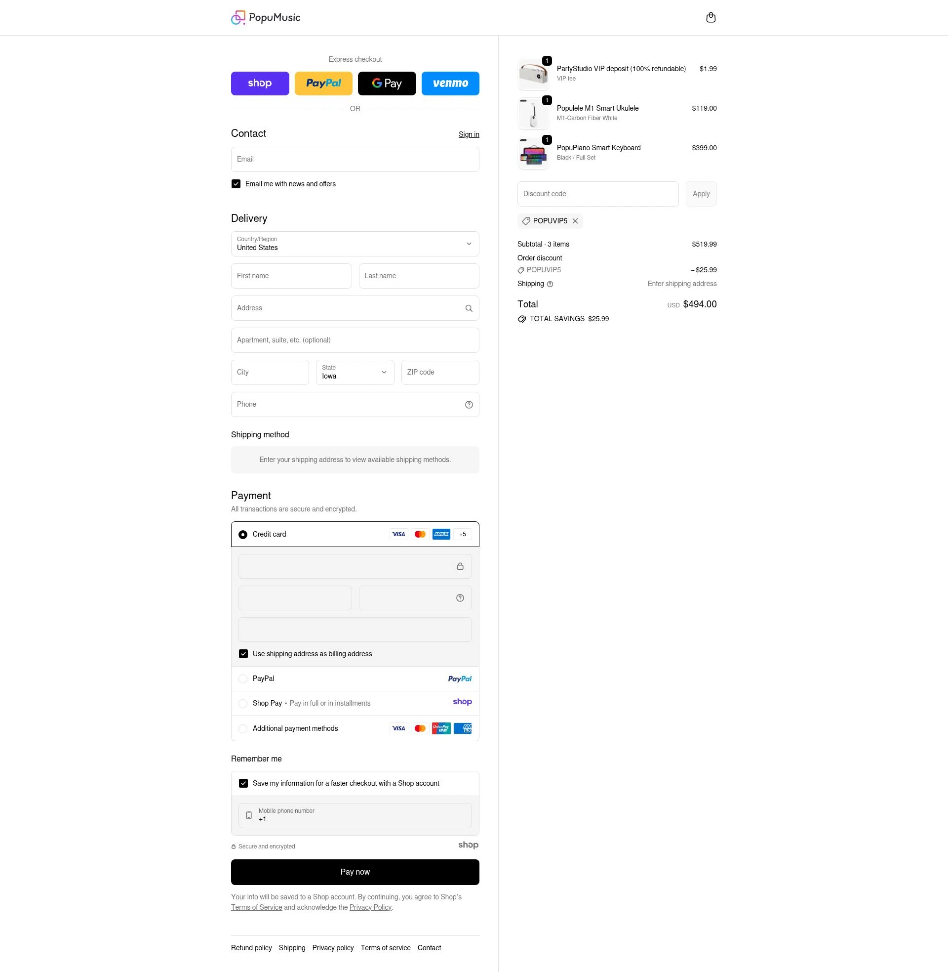 PopuMusic checkout page showing PopuMusic promo code box | Screenshot taken by SimplyCodes community member on Nov 24, 2025