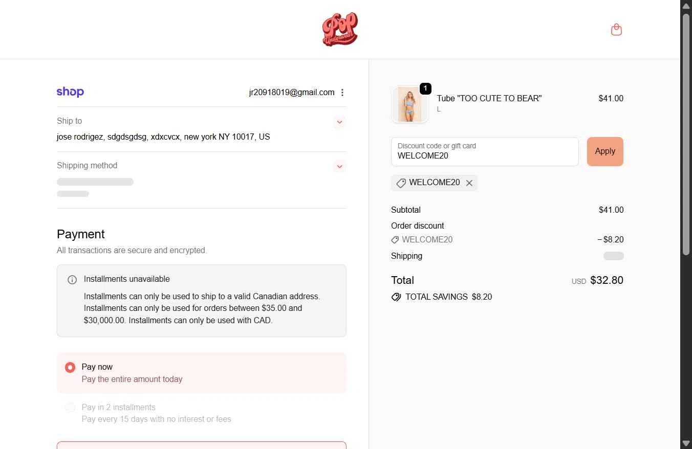 Popunderwear checkout page showing Popunderwear promo code box | Screenshot taken by SimplyCodes community member on Dec 26, 2025
