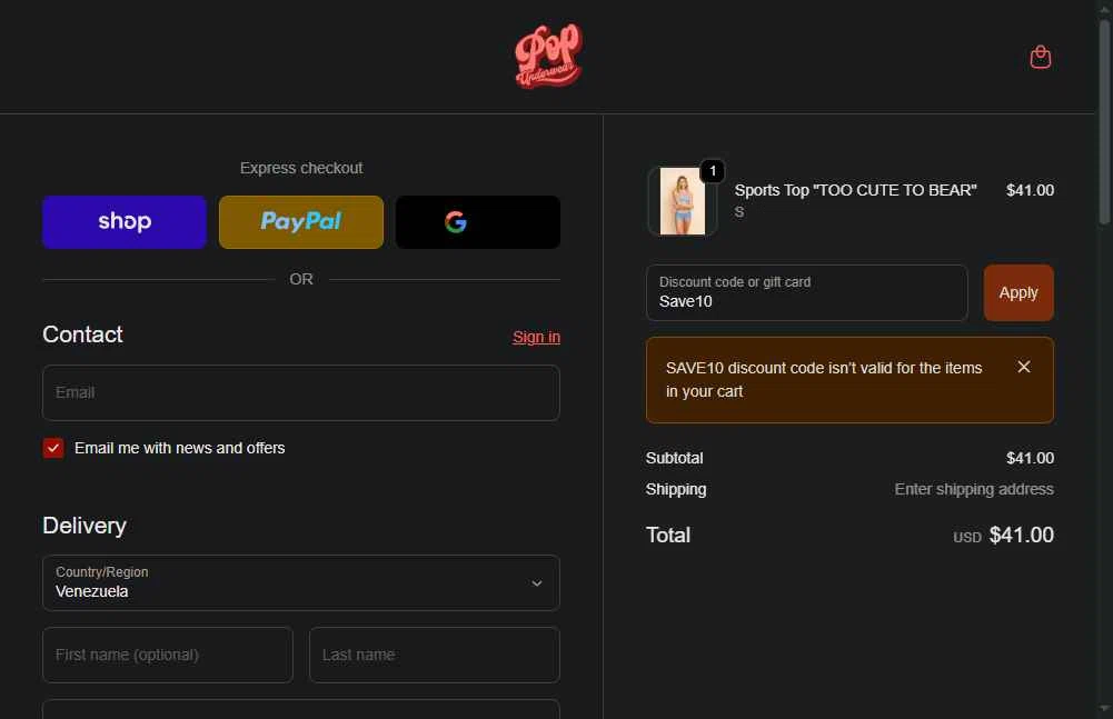 Popunderwear checkout page showing Popunderwear promo code box | Screenshot taken by SimplyCodes community member on Dec 10, 2025