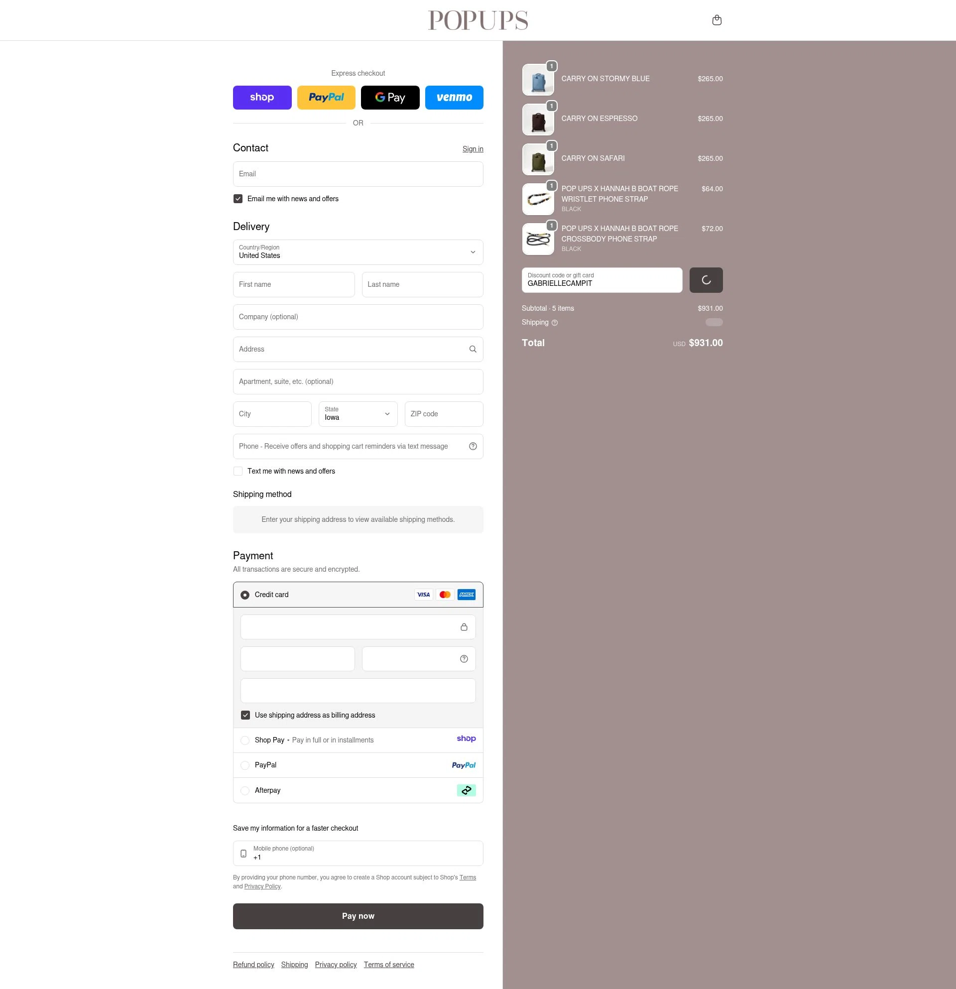 PopUps checkout page showing PopUps promo code box | Screenshot taken by SimplyCodes community member on Jan 10, 2026