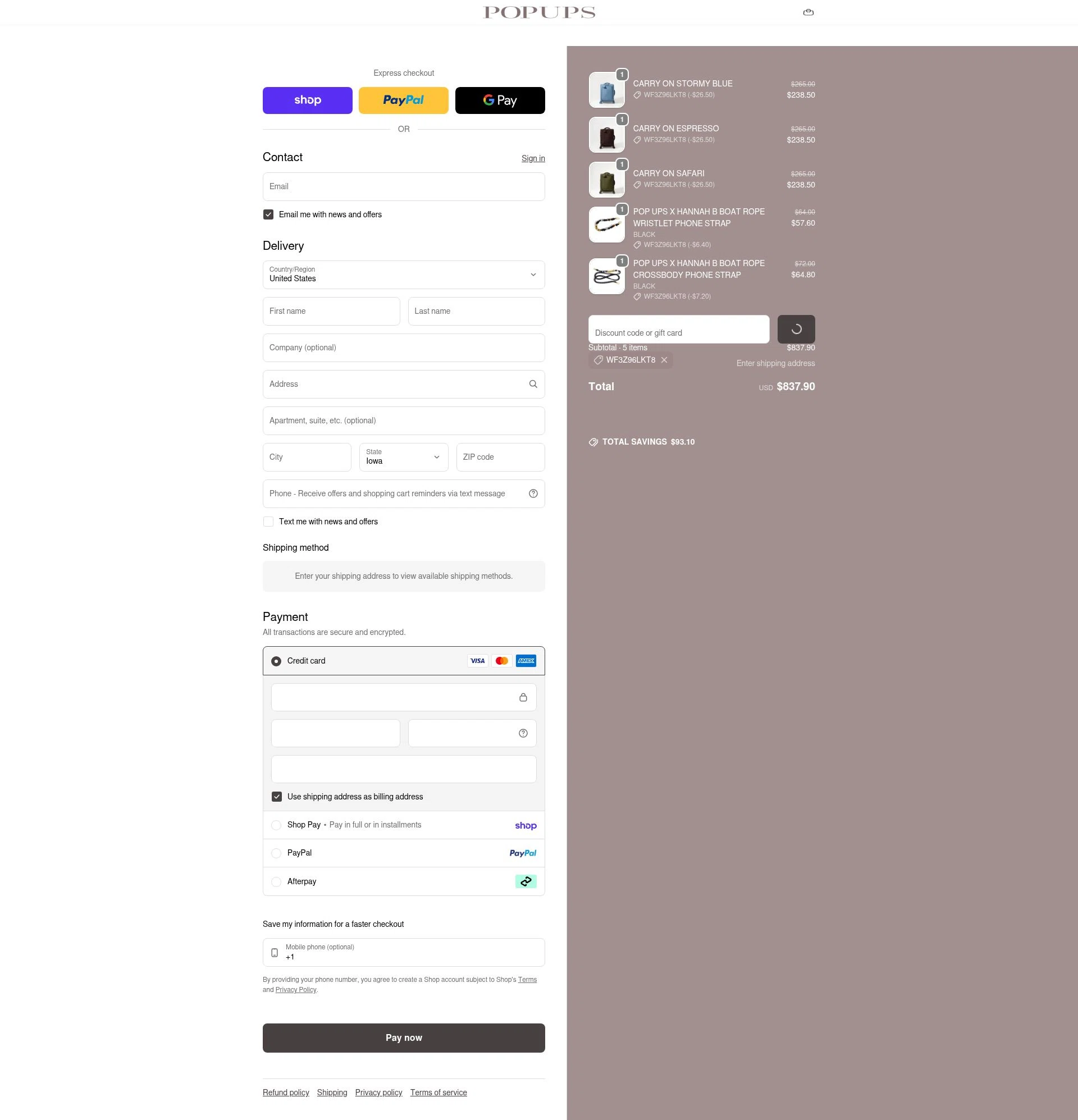 PopUps checkout page showing PopUps promo code box | Screenshot taken by SimplyCodes community member on Feb 3, 2026