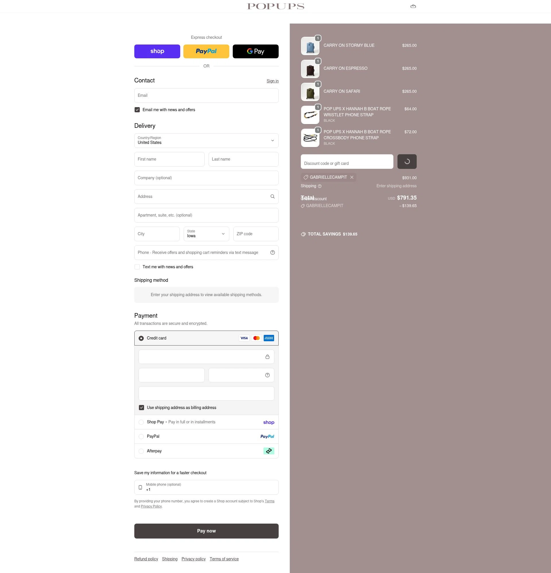 PopUps checkout page showing PopUps promo code box | Screenshot taken by SimplyCodes community member on Feb 3, 2026