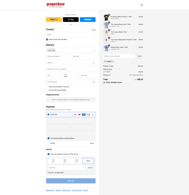Pop Up Tee checkout page showing Pop Up Tee promo code box | Screenshot taken by SimplyCodes community member on Sep 3, 2025
